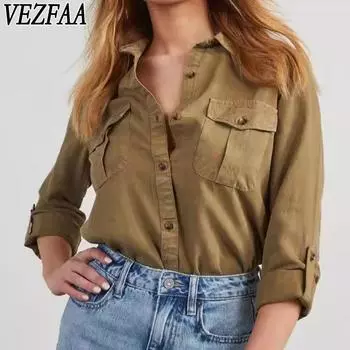 VEZFAA Женская мода Повседневная весна-осень Однотонный принт Длинный рукав Поло воротник блузки и рубашки S темно-коричневого