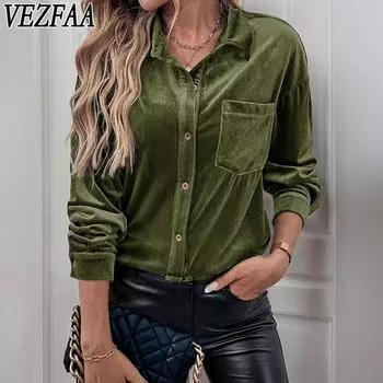 VEZFAA Женская мода Повседневная весна-осень Однотонный принт Длинный рукав Поло воротник блузки и рубашки XS красный