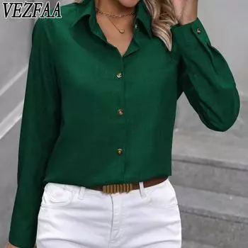 VEZFAA Женская мода Повседневная весна-осень Однотонный принт Длинный рукав Поло воротник блузки и рубашки S розовый