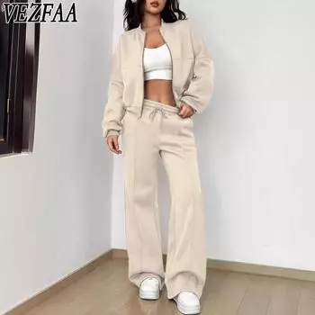 VEZFAA Женская мода повседневная весна осень однотонный принт длинный рукав О-образный вырез брюки брюки костюмы S абрикосовый
