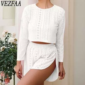 VEZFAA Женская мода повседневная весна осень однотонный принт длинный рукав О-образный вырез брюки брюки костюмы S