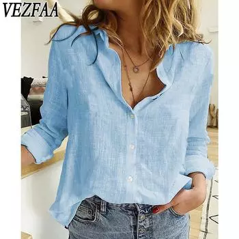 VEZFAA Женская мода Повседневная весна-осень Однотонный принт Длинный рукав Поло воротник блузки и рубашки S белый