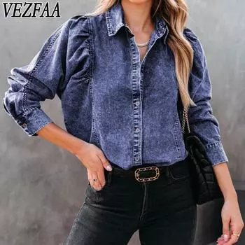 VEZFAA Женская мода Повседневная весна-осень Однотонный принт Длинный рукав Поло воротник блузки и рубашки S