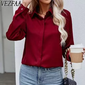 VEZFAA Женская мода Повседневная весна-осень Однотонный принт Длинный рукав Поло воротник блузки и рубашки S чёрный