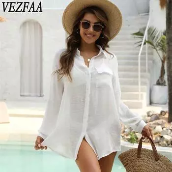 VEZFAA Женская мода Повседневная весна-осень Однотонный принт Длинный рукав Поло воротник блузки и рубашки one size белый
