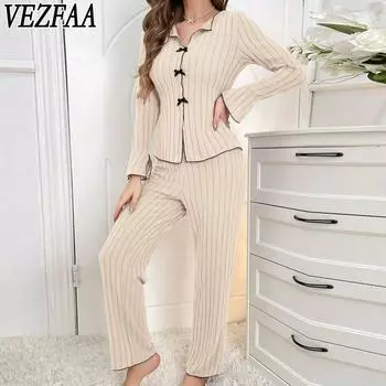 VEZFAA Женская мода повседневная весна осень полосатый принт длинный рукав воротник поло брюки брюки костюмы S