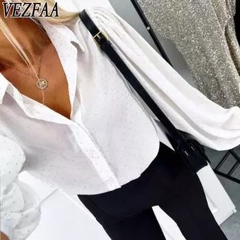 VEZFAA Женская мода повседневная весна-осень с принтом в горошек, длинные рукава, воротник-поло, блузки и рубашки S белый