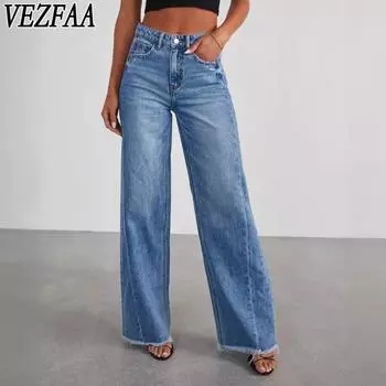 VEZFAA Женская мода повседневные однотонные принтованные брюки с высокой талией брюки и капри S джинсовый синий