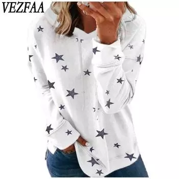 VEZFAA Женская мода повседневные толстовки с капюшоном и длинным рукавом со звездным принтом S белый