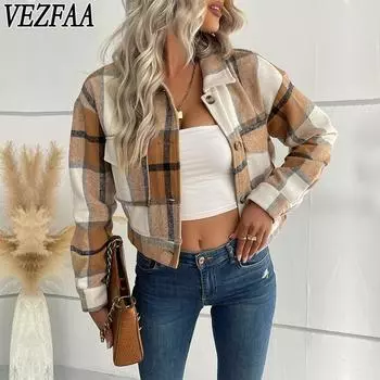 VEZFAA Женская мода Повседневный клетчатый принт Осень Зима Длинные рукава Поло Воротник Куртки и пальто S хаки