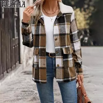 VEZFAA Женская мода Повседневный клетчатый принт Осень Зима Длинные рукава Поло Воротник Куртки и пальто S хаки