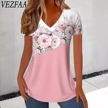VEZFAA Женская мода Повседневный Лето Весна Цветочный Узор Принт Короткие рукава V-образный вырез Блузки и рубашки S розовый