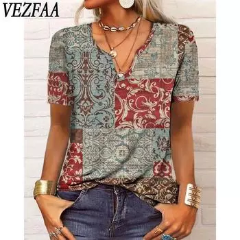 VEZFAA Женская мода Повседневный Лето Весна Цветочный Узор Принт Короткие рукава V-образный вырез Блузки и рубашки S