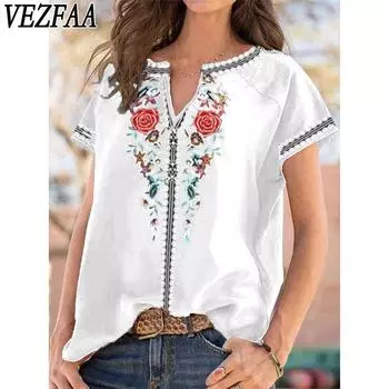VEZFAA Женская мода Повседневный Лето Весна Цветочный Узор Принт Короткие рукава V-образный вырез Блузки и рубашки S чёрный