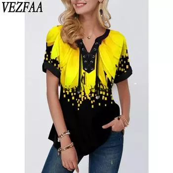VEZFAA Женская мода Повседневный Лето Весна Цветочный Узор Принт Короткие рукава V-образный вырез Блузки и рубашки