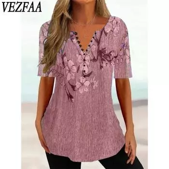 VEZFAA Женская мода Повседневный Лето Весна Цветочный Узор Принт Короткие рукава V-образный вырез Блузки и рубашки S красный