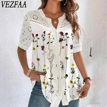 VEZFAA Женская мода Повседневный Лето Весна Цветочный Узор Принт Короткие рукава V-образный вырез Блузки и рубашки S