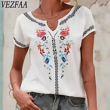 VEZFAA Женская мода Повседневный Лето Весна Цветочный Узор Принт Короткие рукава V-образный вырез Блузки и рубашки S белый
