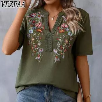 VEZFAA Женская мода Повседневный Лето Весна Цветочный Узор Принт Короткие рукава V-образный вырез Блузки и рубашки S армия зеленый
