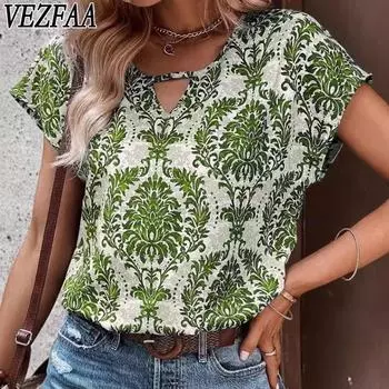 VEZFAA Женская мода Повседневный Лето Весна Цветочный Узор Принт Короткие рукава V-образный вырез Блузки и рубашки S армия зеленый