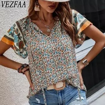 VEZFAA Женская мода Повседневный Лето Весна Цветочный Узор Принт Короткие рукава V-образный вырез Блузки и рубашки S красный