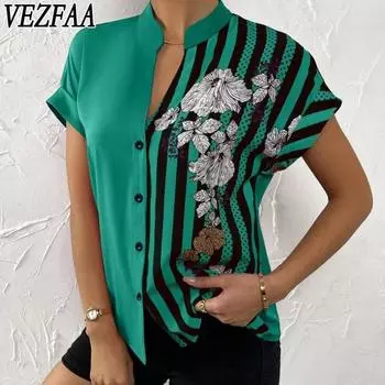 VEZFAA Женская мода Повседневный Лето Весна Цветочный Узор Принт Короткие рукава V-образный вырез Блузки и рубашки S белый