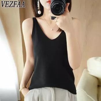 VEZFAA Женская мода, повседневный однотонный принт, осень-зима, без рукавов, с v-образным вырезом, вязаные жилеты XXL