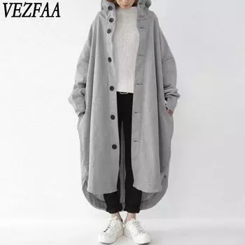 VEZFAA Женская мода Повседневный однотонный принт Осень Зима Длинные рукава с капюшоном Куртки и пальто S серый
