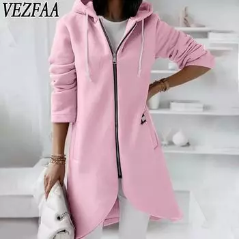 VEZFAA Женская мода Повседневный однотонный принт Осень Зима Длинные рукава с капюшоном Куртки и пальто S розовый