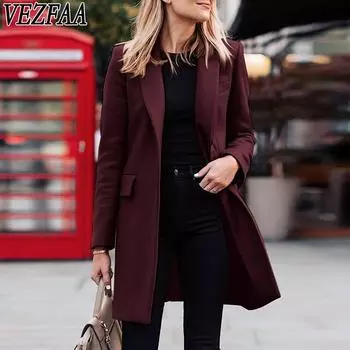 VEZFAA Женская мода Повседневный однотонный принт Осень Зима Длинный рукав Поло воротник куртки и пальто S красный