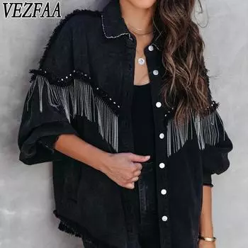 VEZFAA Женская мода Повседневный однотонный принт Осень Зима Длинный рукав Поло воротник куртки и пальто S чёрный