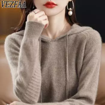VEZFAA Женская мода Повседневный Осень Зима Однотонный Принт Длинный Рукав С Капюшоном Свитер M