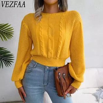 VEZFAA Женская мода Повседневный Осень Зима Однотонный Принт Длинный Рукав О-Образным Вырезом Свитера S жёлтый