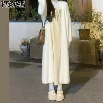 VEZFAA Женская мода Повседневный Осень Зима Однотонный Принт Длинный Рукав Свитера One Size белый