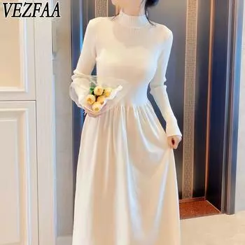 VEZFAA Женская мода Повседневный Осень Зима Однотонный Принт Длинный Рукав Полуводолазка Свитера One size