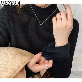 VEZFAA Женская мода Повседневный Осень Зима Однотонный Принт Длинный Рукав Полуводолазка Свитера One Size чёрный