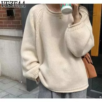 VEZFAA Женская мода Повседневный Осень Зима Однотонный Принт Длинный Рукав О-Образным Вырезом Свитера Size: One Size жёлтый