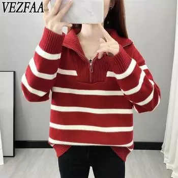 VEZFAA Женская мода Повседневный Осень Зима Однотонный Принт Длинный Рукав Поло Воротник Свитера One size красный
