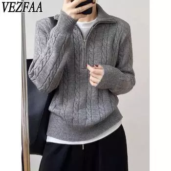 VEZFAA Женская мода Повседневный Осень Зима Однотонный Принт Длинный Рукав Поло Воротник Свитера one size серый
