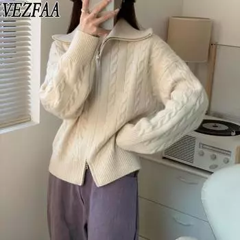 VEZFAA Женская мода Повседневный Осень Зима Однотонный Принт Длинный Рукав Свитеры Стоячий Воротник One Size белый