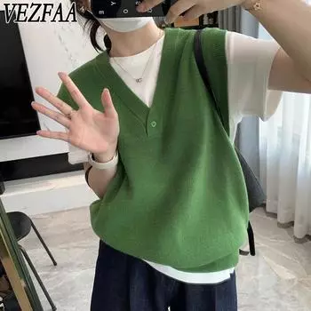 VEZFAA Женская мода Повседневный Осень Зима Однотонный Принт Без Рукавов Свитера С V-образным Вырезом One size зелёный