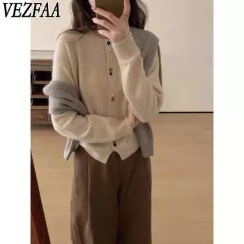 VEZFAA Женская мода Повседневный Осень Зима Однотонный Принт Длинный Рукав О-Образным Вырезом Свитера Size: One Size светло-серый