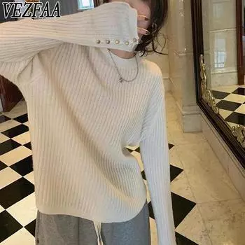 VEZFAA Женская мода Повседневный Осень Зима Однотонный Принт Длинный Рукав О-Образным Вырезом Свитера One Size