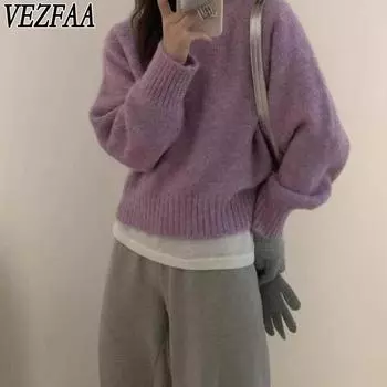 VEZFAA Женская мода Повседневный Осень Зима Однотонный Принт Длинный Рукав О-Образным Вырезом Свитера Size: One Size фиолетовый