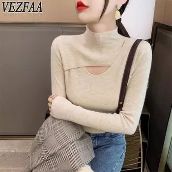 VEZFAA Женская мода Повседневный Осень Зима Однотонный Принт Длинный Рукав Полуводолазка Свитера One Size белый