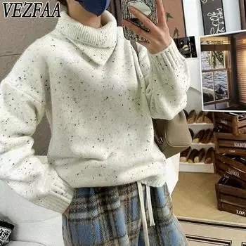 VEZFAA Женская мода Повседневный Осень Зима Однотонный Принт Длинный Рукав Высокий Воротник Свитеры Size: One Size
