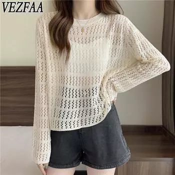 VEZFAA Женская мода Повседневный Осень Зима Однотонный Принт Длинный Рукав О-Образным Вырезом Свитера One Size хаки