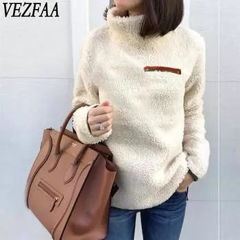 VEZFAA Женская мода Повседневный Осень Зима Однотонный Принт Длинный Рукав Высокий Воротник Свитеры S розовый