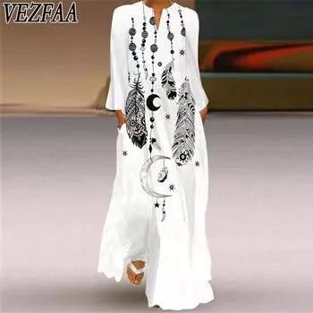 VEZFAA Женская мода с принтом бабочек весна-осень длинные рукава V-образный вырез повседневные платья S