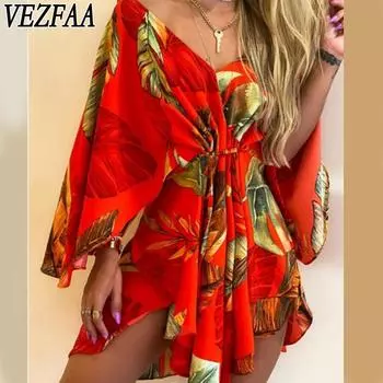 VEZFAA Женская мода весна осень длинный рукав V-образный вырез высокая талия повседневные платья S